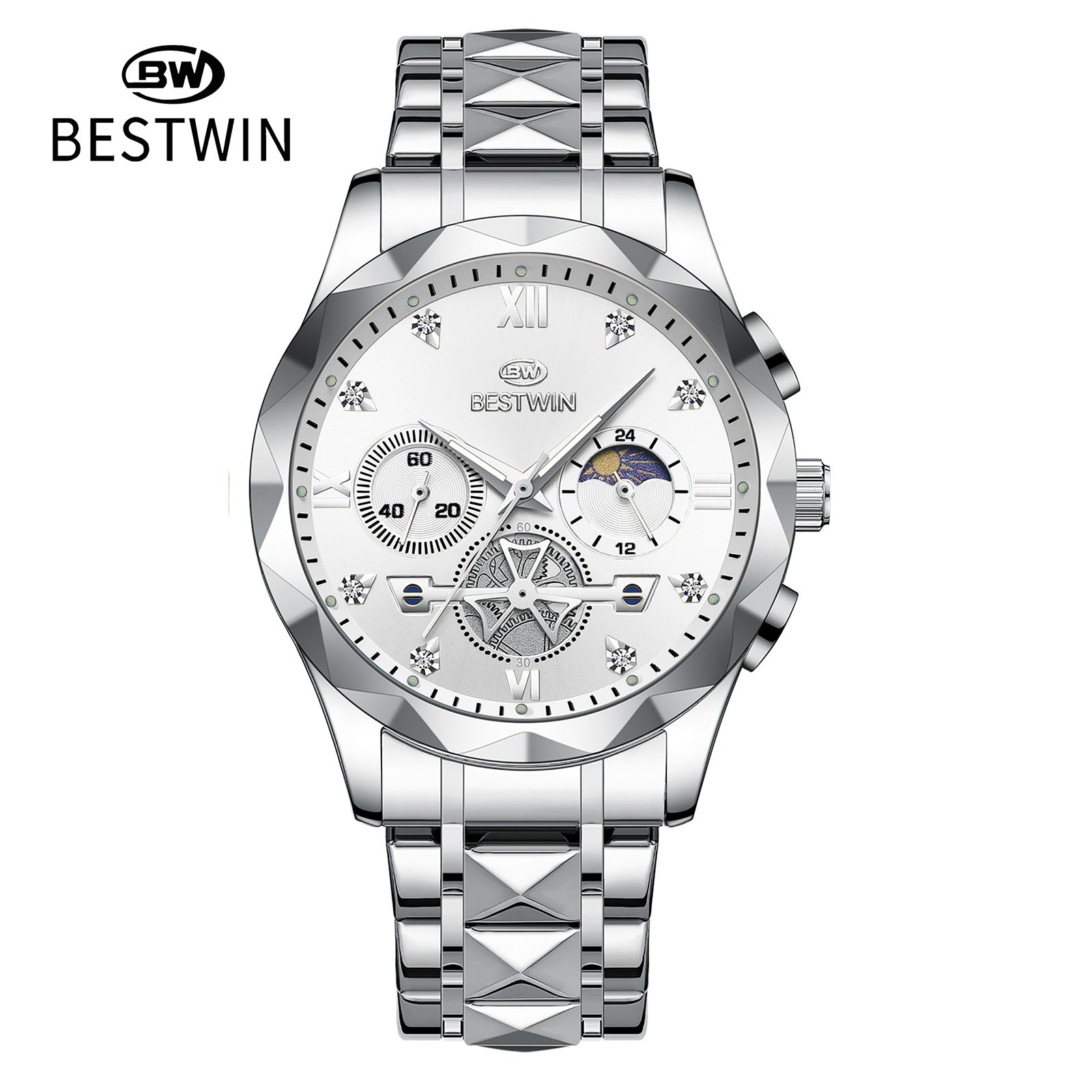 Men's Quartz Watch With Stainless Steel Strap And Butterfly Double Snap Buckle, Round Dial Featuring Tempered Glass And Pointer Display