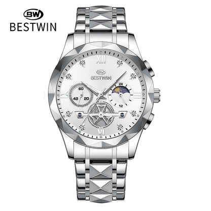 Men's Quartz Watch With Stainless Steel Strap And Butterfly Double Snap Buckle, Round Dial Featuring Tempered Glass And Pointer Display
