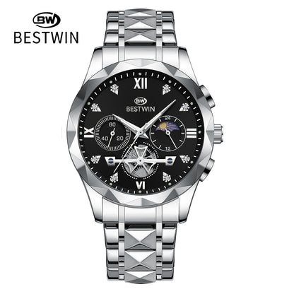 Men's Quartz Watch With Stainless Steel Strap And Butterfly Double Snap Buckle, Round Dial Featuring Tempered Glass And Pointer Display