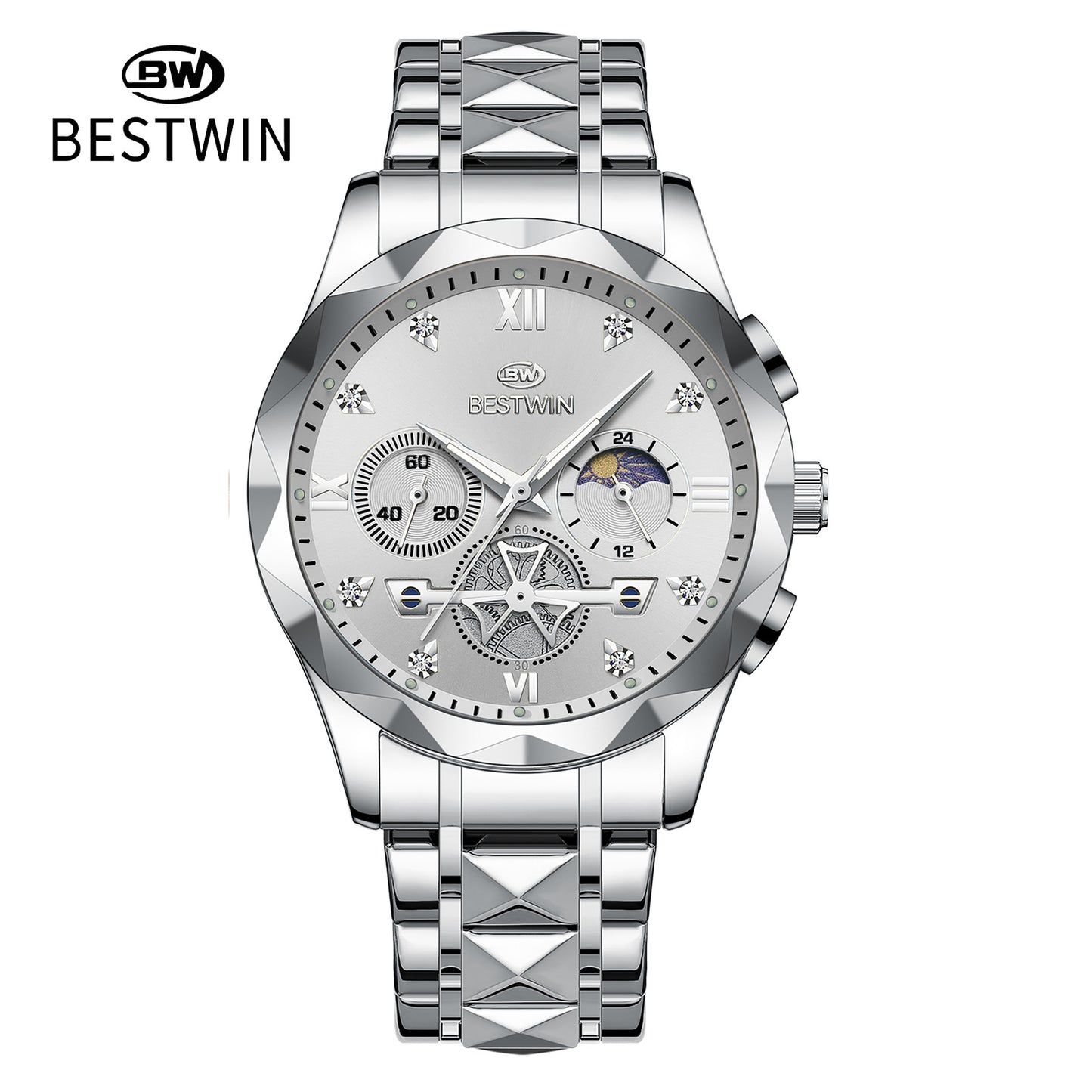 Men's Quartz Watch With Stainless Steel Strap And Butterfly Double Snap Buckle, Round Dial Featuring Tempered Glass And Pointer Display
