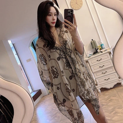 Women’s Chiffon Shawl With Chains Print In Navy Blue, Perfect For Summer