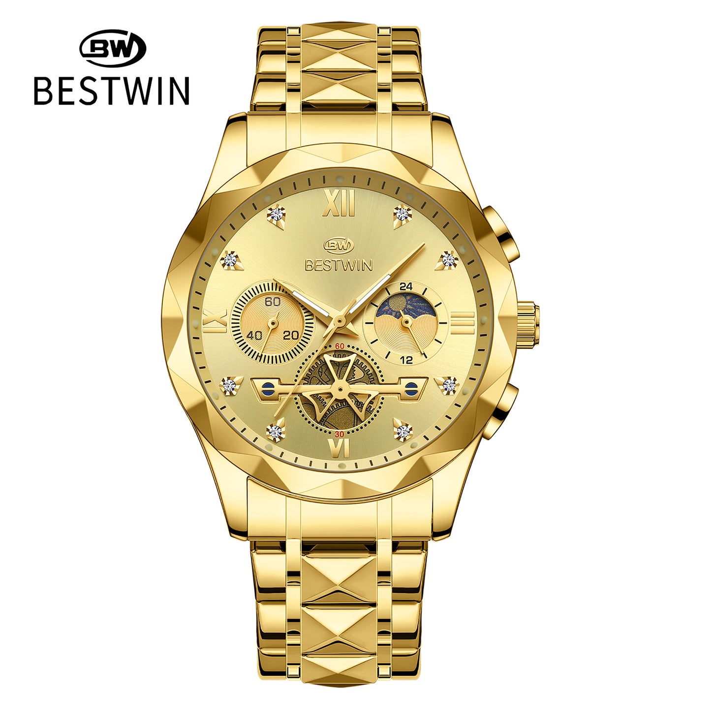 Men's Quartz Watch With Stainless Steel Strap And Butterfly Double Snap Buckle, Round Dial Featuring Tempered Glass And Pointer Display