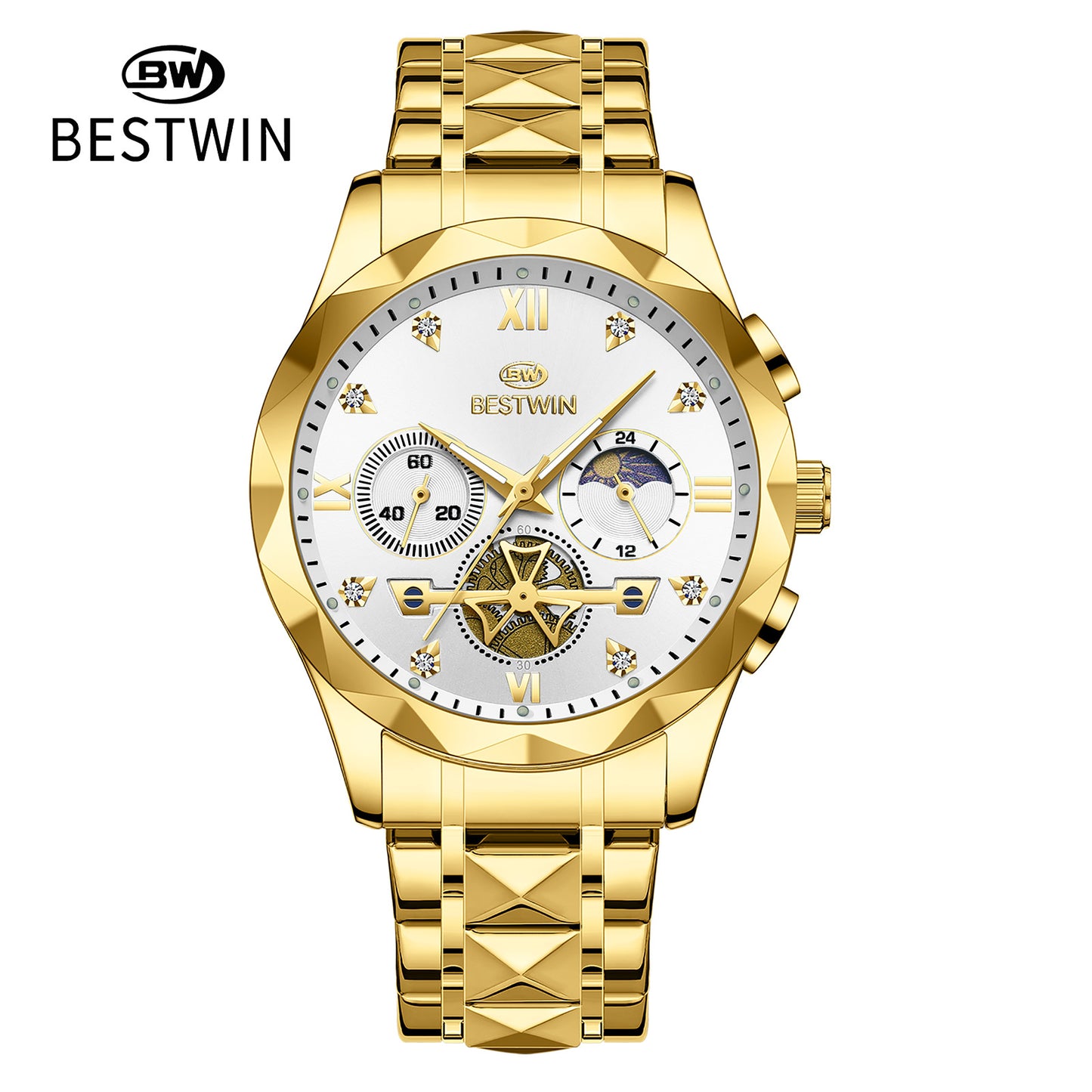 Men's Quartz Watch With Stainless Steel Strap And Butterfly Double Snap Buckle, Round Dial Featuring Tempered Glass And Pointer Display