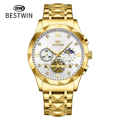 Men's Quartz Watch With Stainless Steel Strap And Butterfly Double Snap Buckle, Round Dial Featuring Tempered Glass And Pointer Display
