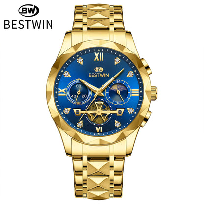 Men's Quartz Watch With Stainless Steel Strap And Butterfly Double Snap Buckle, Round Dial Featuring Tempered Glass And Pointer Display