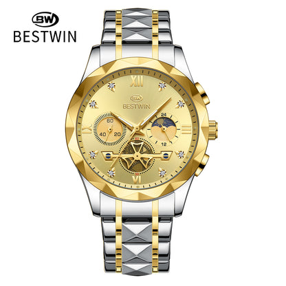 Men's Quartz Watch With Stainless Steel Strap And Butterfly Double Snap Buckle, Round Dial Featuring Tempered Glass And Pointer Display