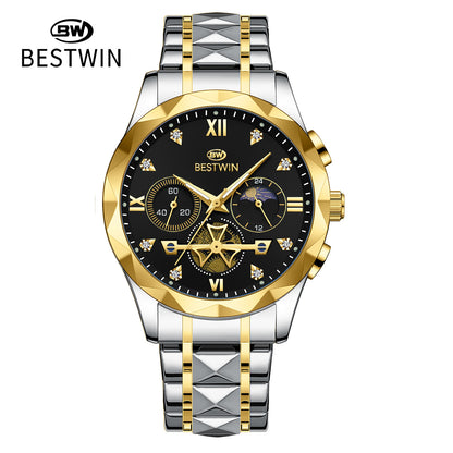 Men's Quartz Watch With Stainless Steel Strap And Butterfly Double Snap Buckle, Round Dial Featuring Tempered Glass And Pointer Display