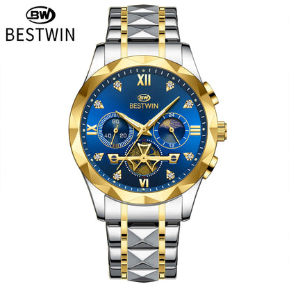 Men's Quartz Watch With Stainless Steel Strap And Butterfly Double Snap Buckle, Round Dial Featuring Tempered Glass And Pointer Display