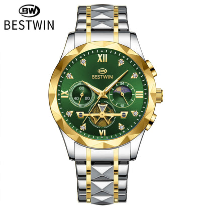 Men's Quartz Watch With Stainless Steel Strap And Butterfly Double Snap Buckle, Round Dial Featuring Tempered Glass And Pointer Display