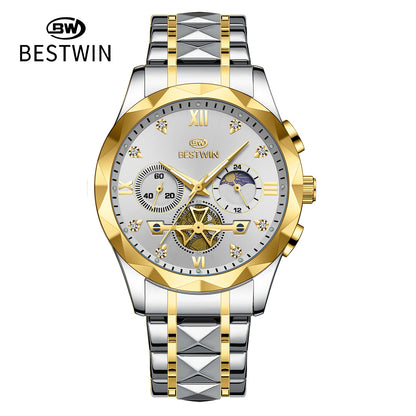 Men's Quartz Watch With Stainless Steel Strap And Butterfly Double Snap Buckle, Round Dial Featuring Tempered Glass And Pointer Display