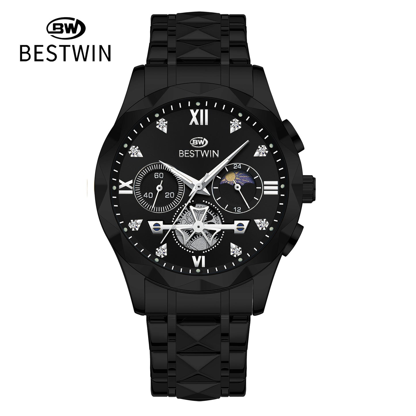 Men's Quartz Watch With Stainless Steel Strap And Butterfly Double Snap Buckle, Round Dial Featuring Tempered Glass And Pointer Display