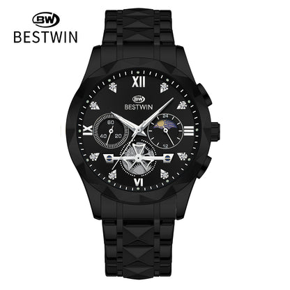 Men's Quartz Watch With Stainless Steel Strap And Butterfly Double Snap Buckle, Round Dial Featuring Tempered Glass And Pointer Display