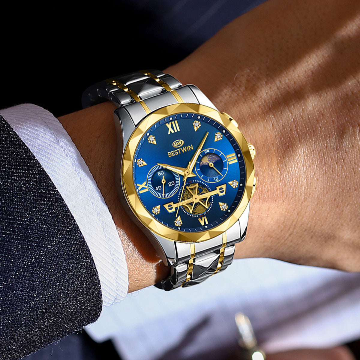 Men's Quartz Watch With Stainless Steel Strap And Butterfly Double Snap Buckle, Round Dial Featuring Tempered Glass And Pointer Display