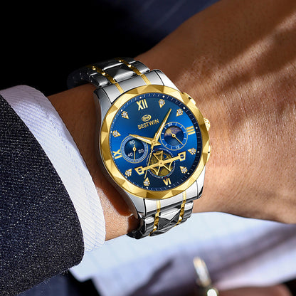 Men's Quartz Watch With Stainless Steel Strap And Butterfly Double Snap Buckle, Round Dial Featuring Tempered Glass And Pointer Display