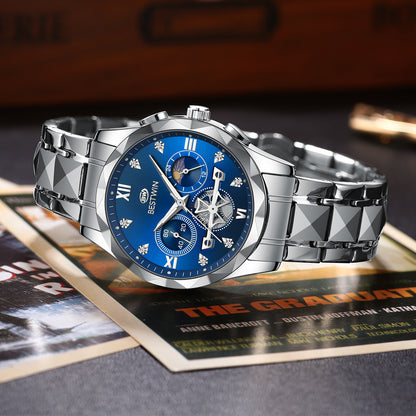 Men's Quartz Watch With Stainless Steel Strap And Butterfly Double Snap Buckle, Round Dial Featuring Tempered Glass And Pointer Display