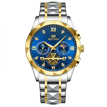 Men's Quartz Watch With Stainless Steel Strap And Butterfly Double Snap Buckle, Round Dial Featuring Tempered Glass And Pointer Display