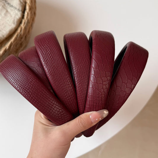 Solid Color Hair Band For Women In Wine Red, Featuring PU Leather Material, Perfect For Autumn