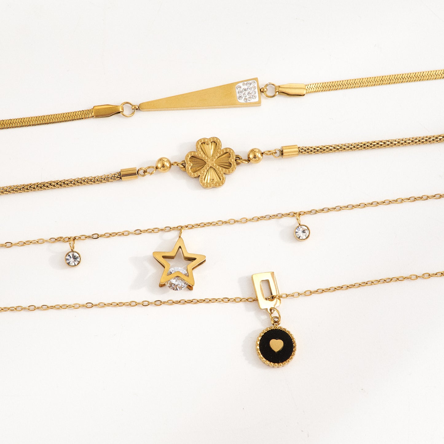 Trillion-cut Multi Charms Unisex Bracelet, 18K Gold PVD Electroplated, 304 Stainless Steel Chain With Rhinestones