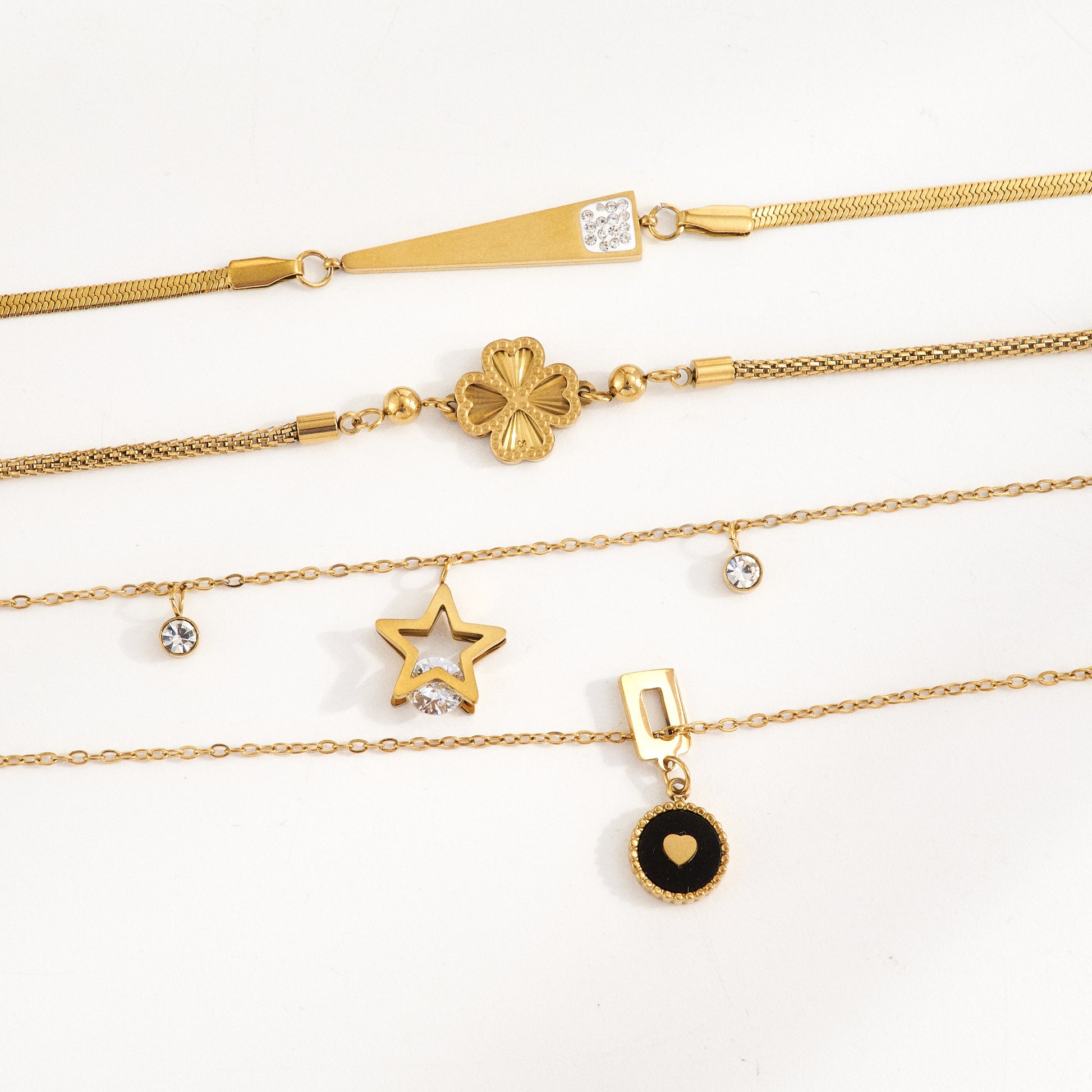 Trillion-cut Multi Charms Unisex Bracelet, 18K Gold PVD Electroplated, 304 Stainless Steel Chain With Rhinestones