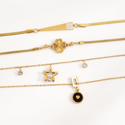 Trillion-cut Multi Charms Unisex Bracelet, 18K Gold PVD Electroplated, 304 Stainless Steel Chain With Rhinestones