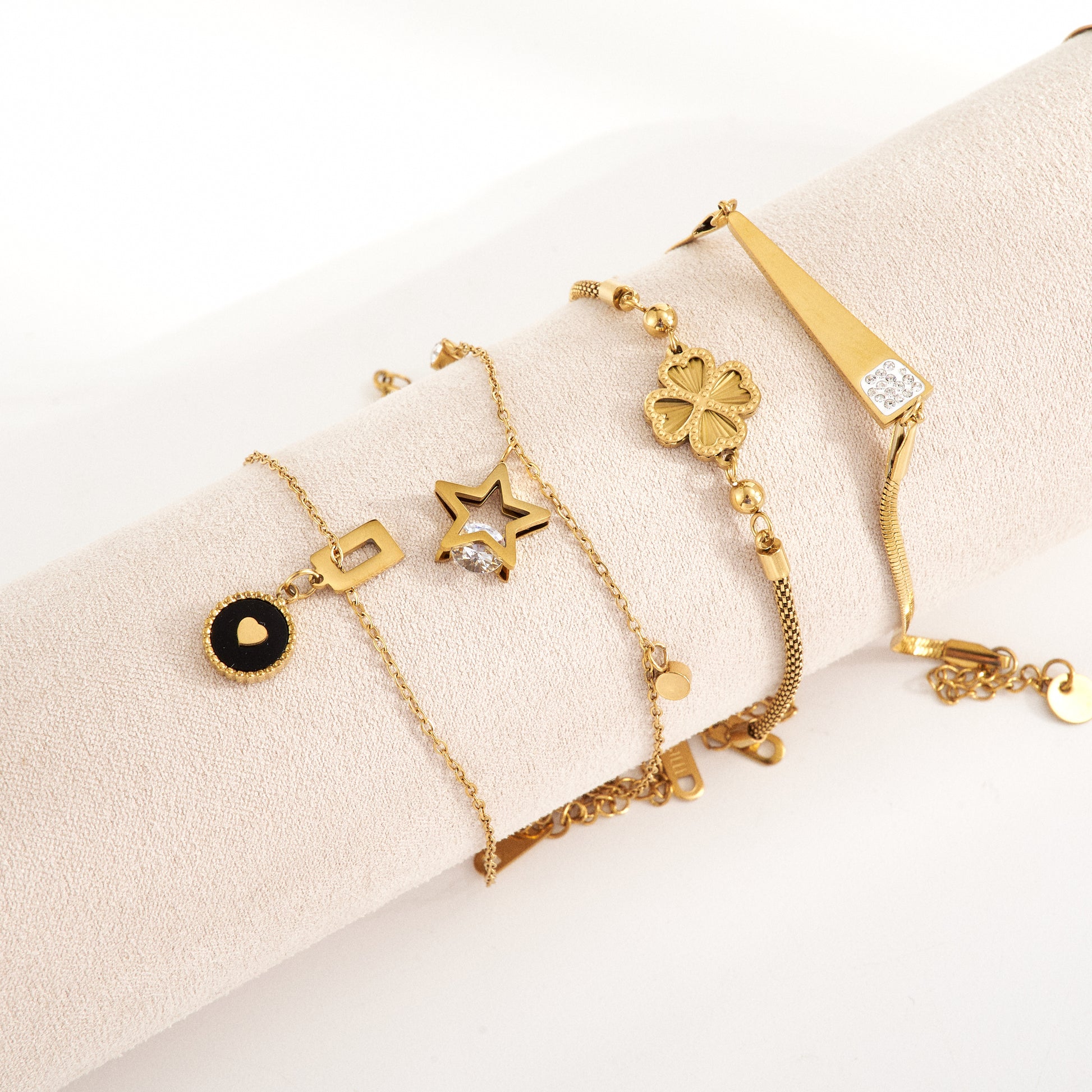 Trillion-cut Multi Charms Unisex Bracelet, 18K Gold PVD Electroplated, 304 Stainless Steel Chain With Rhinestones