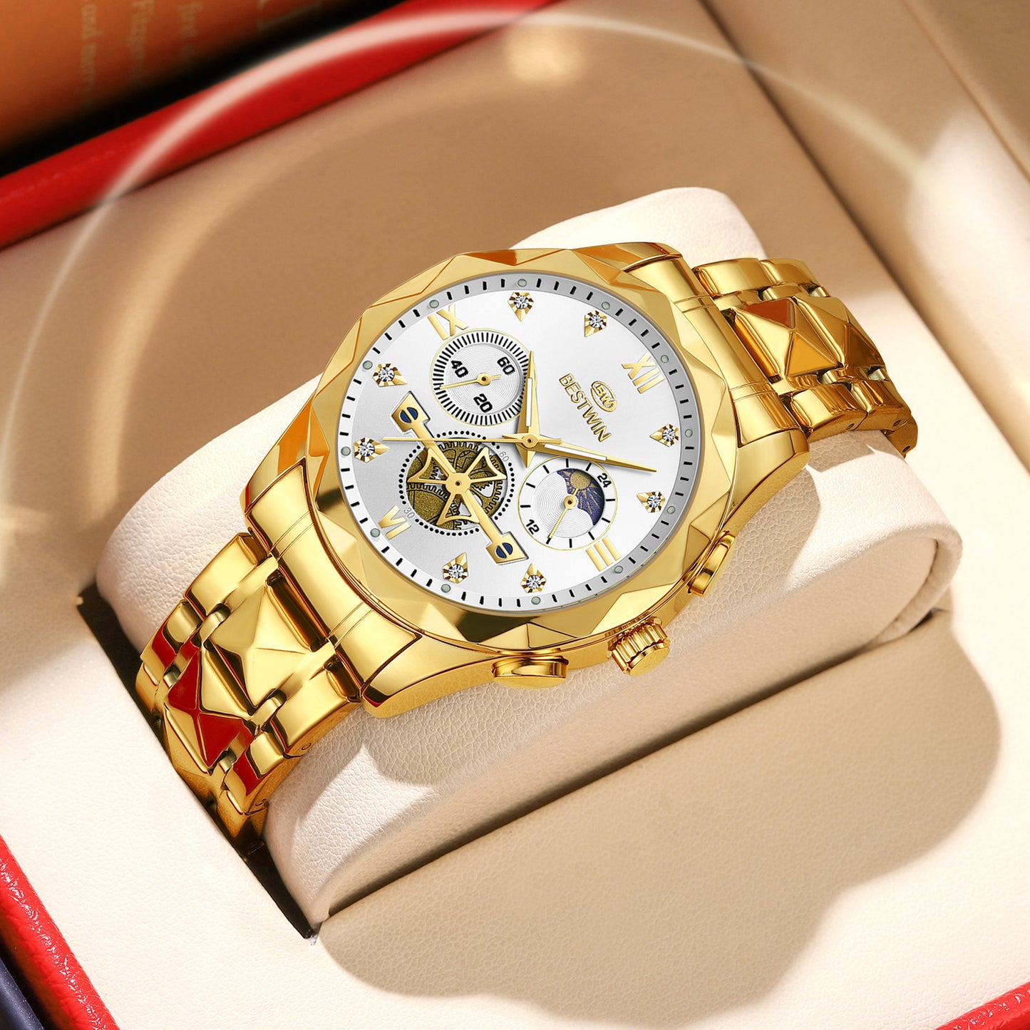 Men's Quartz Watch With Stainless Steel Strap And Butterfly Double Snap Buckle, Round Dial Featuring Tempered Glass And Pointer Display