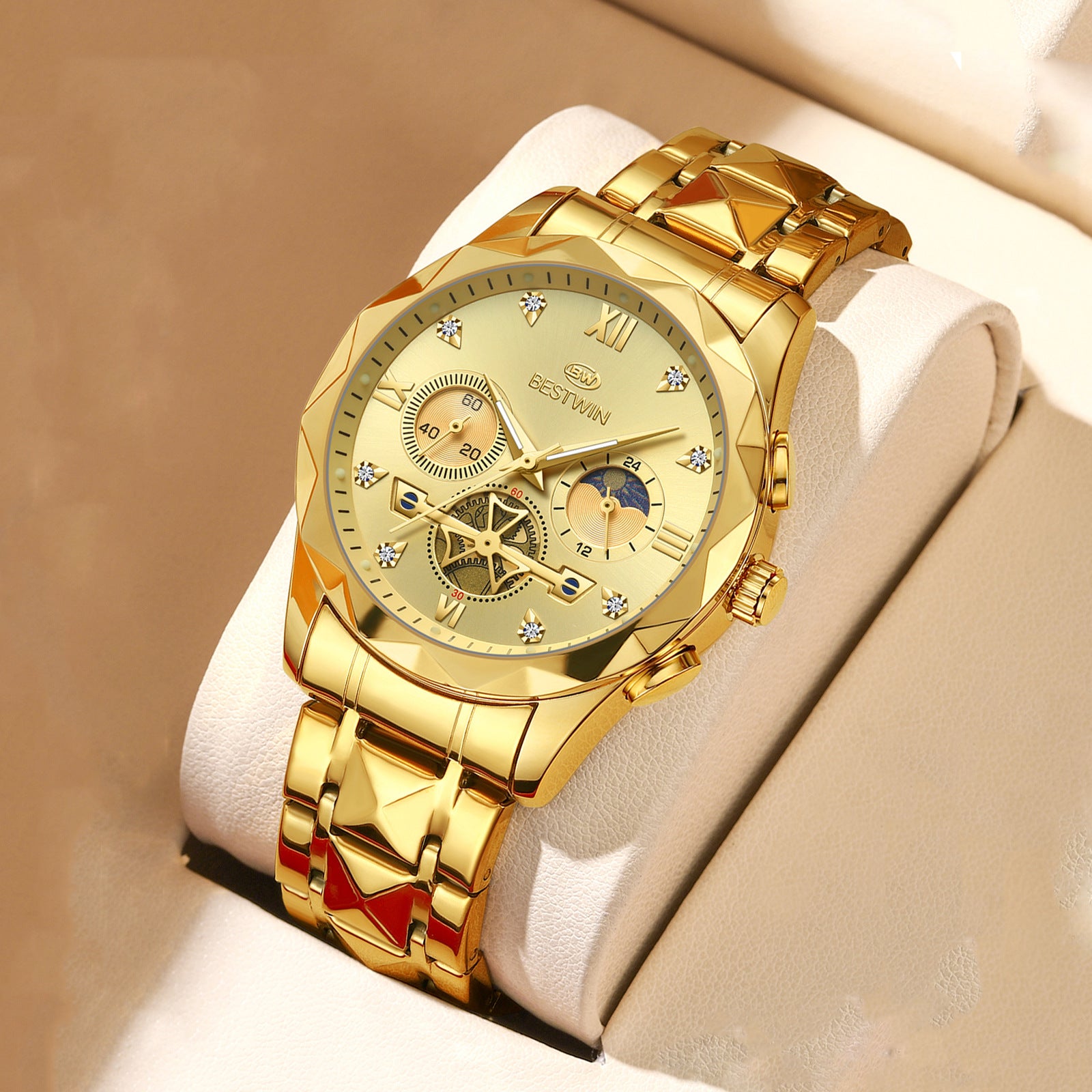Men's Quartz Watch With Stainless Steel Strap And Butterfly Double Snap Buckle, Round Dial Featuring Tempered Glass And Pointer Display