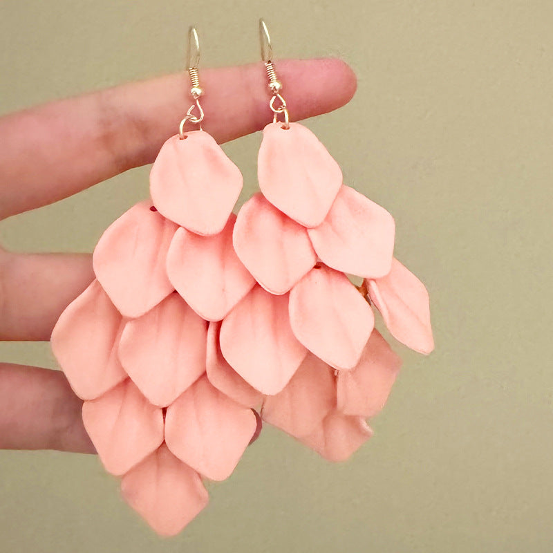 Natural Pink Petal Tassel Drop Earrings For Women With 925 Sterling Silver Studs