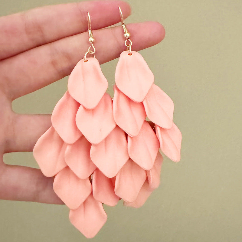 Natural Pink Petal Tassel Drop Earrings For Women With 925 Sterling Silver Studs