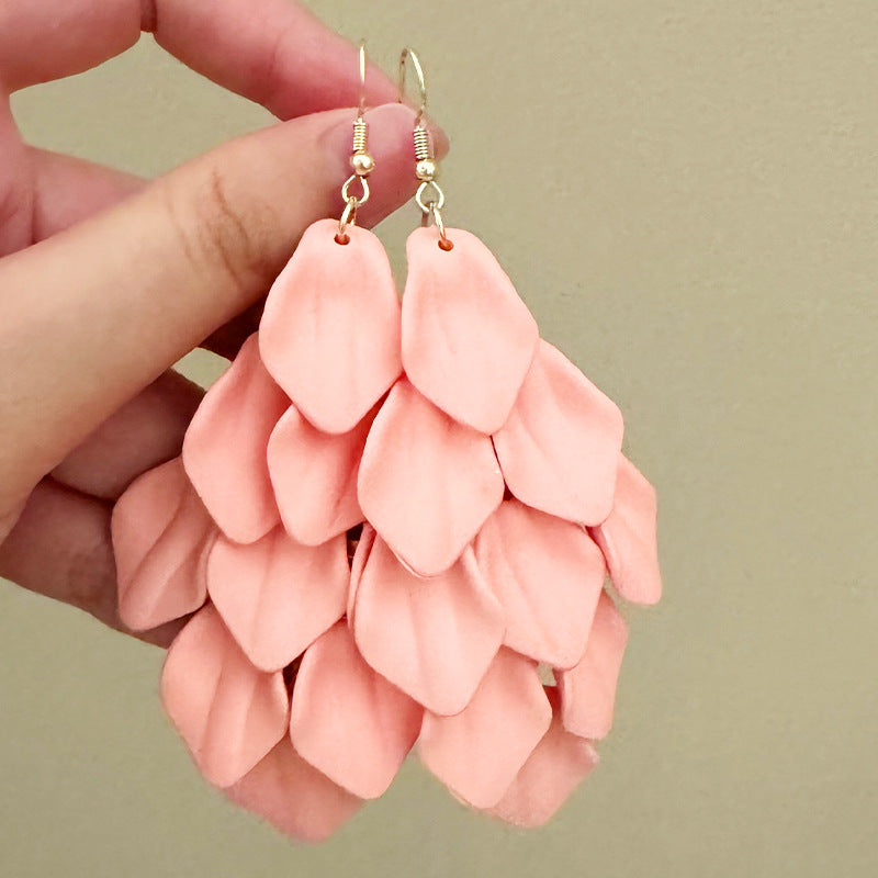 Natural Pink Petal Tassel Drop Earrings For Women With 925 Sterling Silver Studs