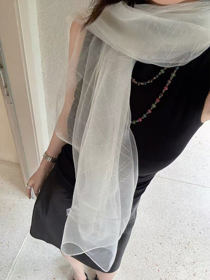 French Style Solid Color Shawl For Women In White Polyester, Perfect For Spring, Elegant Silk Scarf