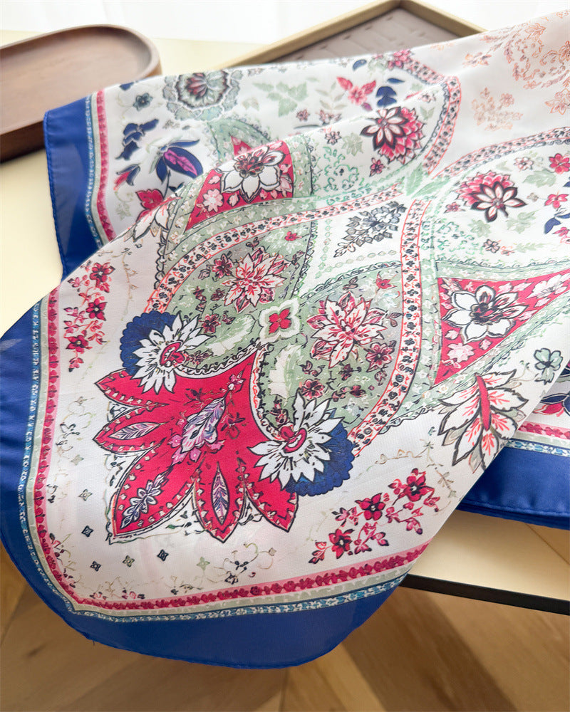 Paisley Pattern Silk Scarf For Women In Blue, Lightweight Polyester Commute Accessory For Summer