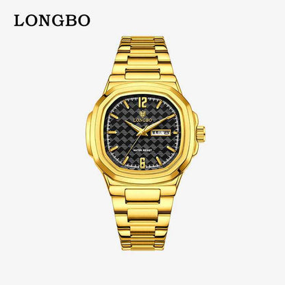 Men's Square Quartz Watch With Stainless Steel Strap And Tempered Glass Mirror Featuring Butterfly Double Snap Buckle