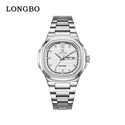 Men's Square Quartz Watch With Stainless Steel Strap And Tempered Glass Mirror Featuring Butterfly Double Snap Buckle
