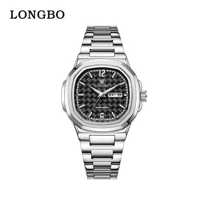 Men's Square Quartz Watch With Stainless Steel Strap And Tempered Glass Mirror Featuring Butterfly Double Snap Buckle