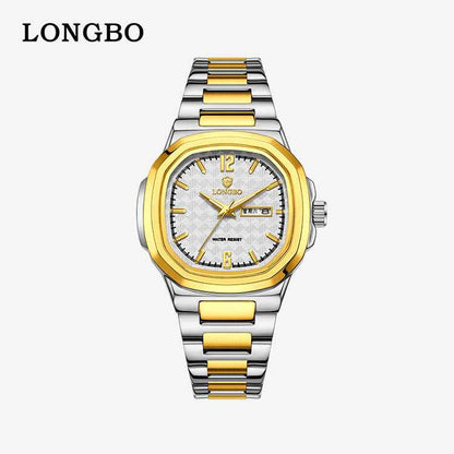 Men's Square Quartz Watch With Stainless Steel Strap And Tempered Glass Mirror Featuring Butterfly Double Snap Buckle