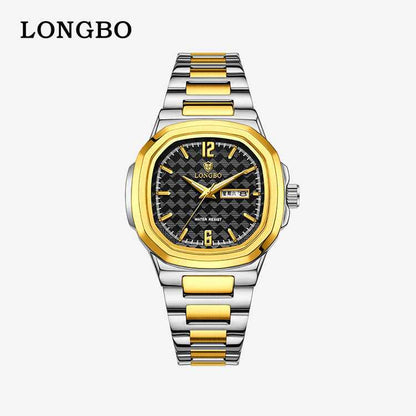 Men's Square Quartz Watch With Stainless Steel Strap And Tempered Glass Mirror Featuring Butterfly Double Snap Buckle