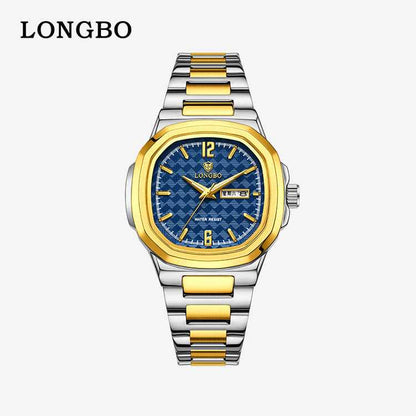 Men's Square Quartz Watch With Stainless Steel Strap And Tempered Glass Mirror Featuring Butterfly Double Snap Buckle
