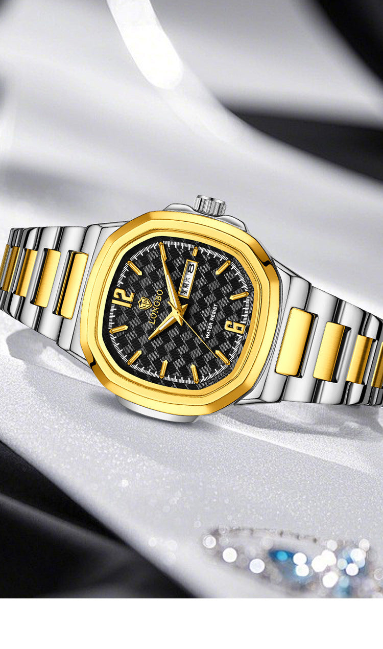 Men's Square Quartz Watch With Stainless Steel Strap And Tempered Glass Mirror Featuring Butterfly Double Snap Buckle