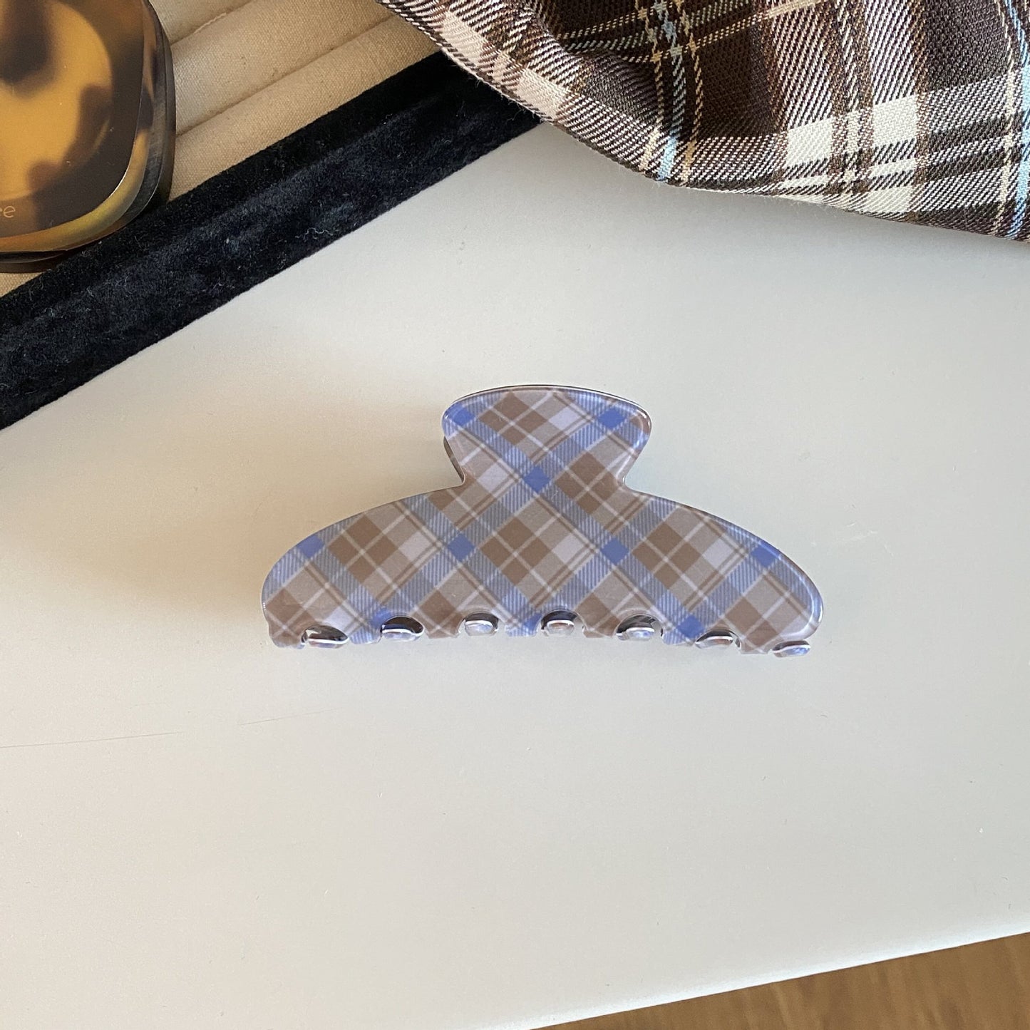 Preppy Style Plaid Hair Claws For Women In Blue, Made Of Acetic Acid Sheets, Perfect For Autumn