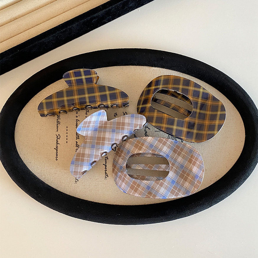 Preppy Style Plaid Hair Claws For Women In Blue, Made Of Acetic Acid Sheets, Perfect For Autumn