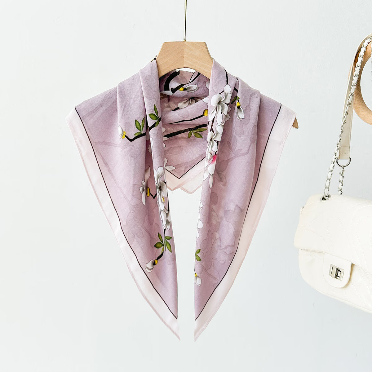 Silk Satin Scarf With Flowers Pattern In Commute Style, Perfect For Autumn Season