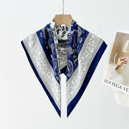 Silk Satin Scarf With Flowers Pattern In Commute Style, Perfect For Autumn Season