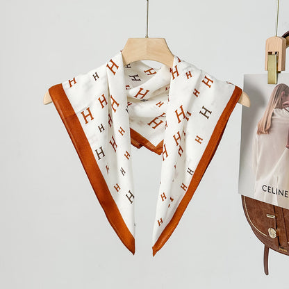 Silk Satin Scarf With Flowers Pattern In Commute Style, Perfect For Autumn Season