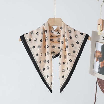 Silk Satin Scarf With Flowers Pattern In Commute Style, Perfect For Autumn Season