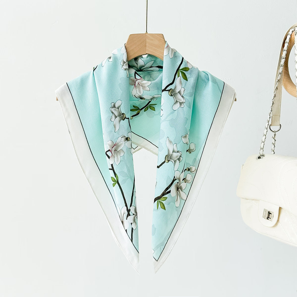 Silk Satin Scarf With Flowers Pattern In Commute Style, Perfect For Autumn Season