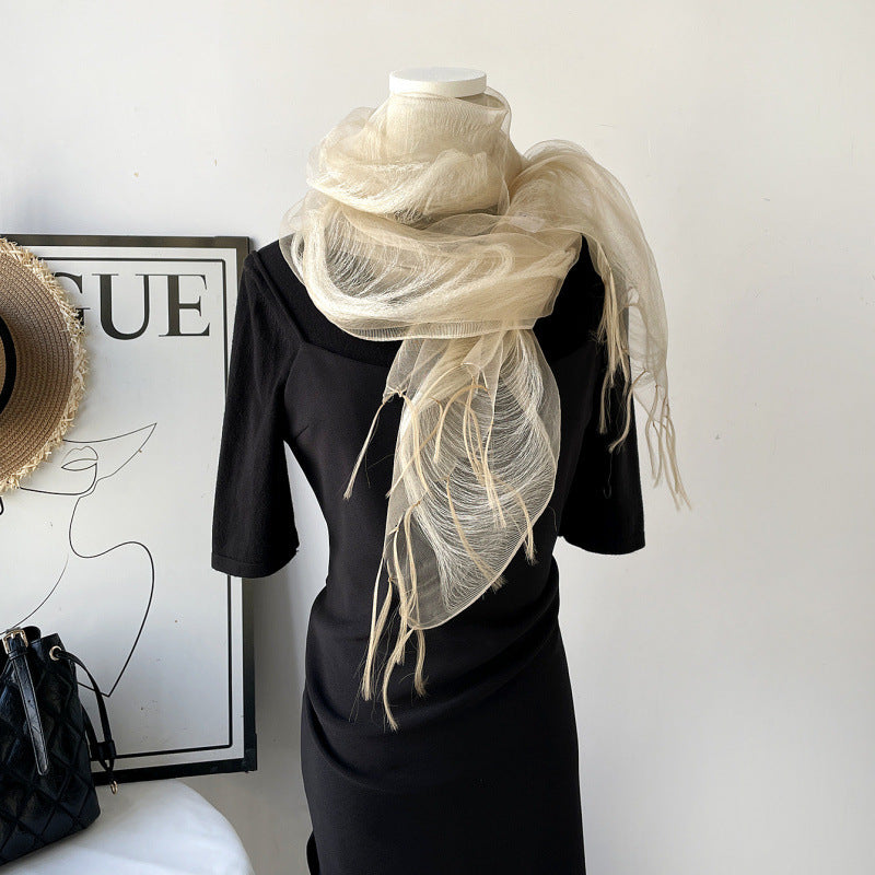 Original Design Solid Color Scarf In White Silk, Perfect For Spring & Summer