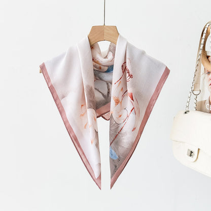 Silk Satin Scarf With Flowers Pattern In Commute Style, Perfect For Autumn Season