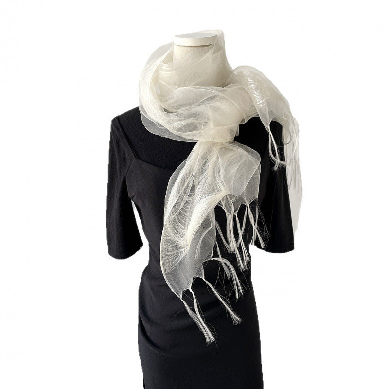 Original Design Solid Color Scarf In White Silk, Perfect For Spring & Summer