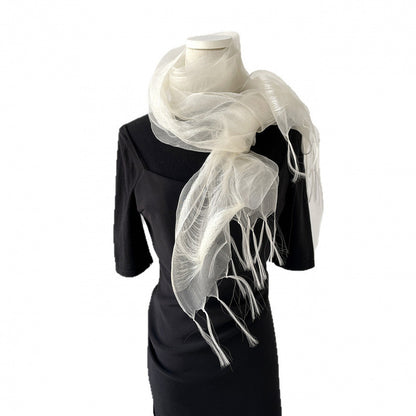 Original Design Solid Color Scarf In White Silk, Perfect For Spring & Summer